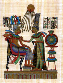 Egyptian papyrus paintings of king Tutankhamun and his wife